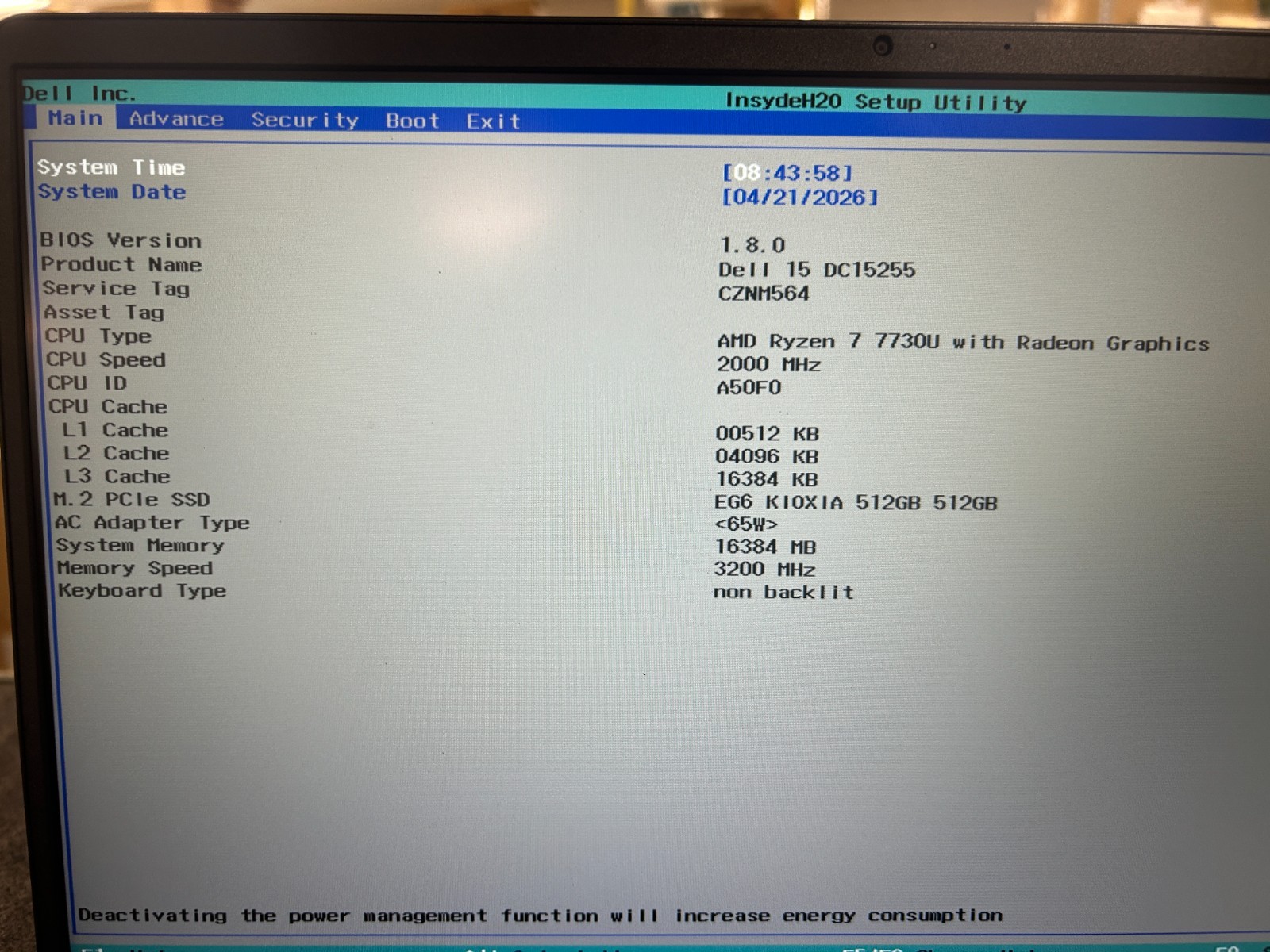 DELL 15 DC15255 G8MK9, AMD Ryzen 7 7730U, 2.00 GHz, 16 GB RAM, 512 GB NVMe