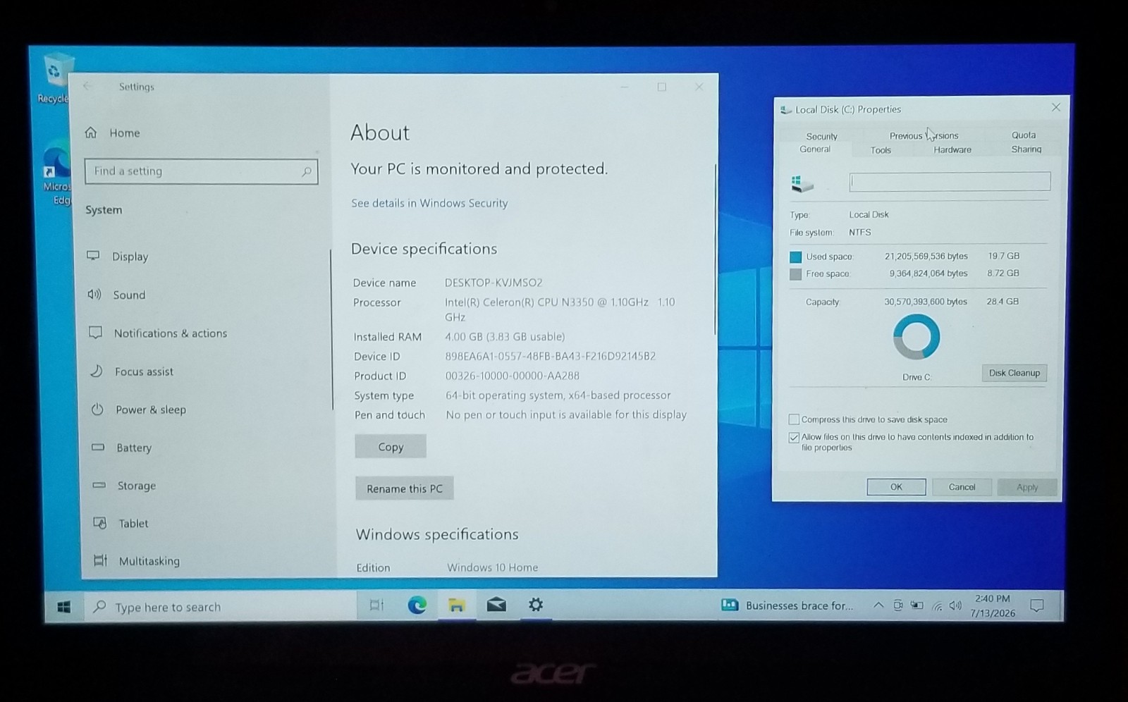 FOR PARTS Acer Spin 1 SP111-31 Celeron N3350 @ 1.10GHz 4GB 32GB SSD WIN 10 HOME