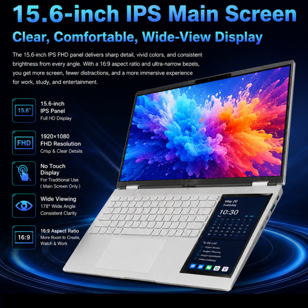 15.6″+7″Dual‑Screen Laptop Intel N150 16GB DDR4 Backlit Keyboard Face ID 5000mAh