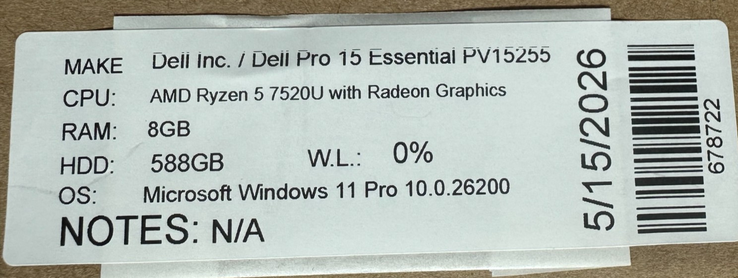 DELL PRO 15 LAPTOP AMD RYZEN 5 7520u @ 2.80GHZ 8GB RAM 588GB SSD (lp713)