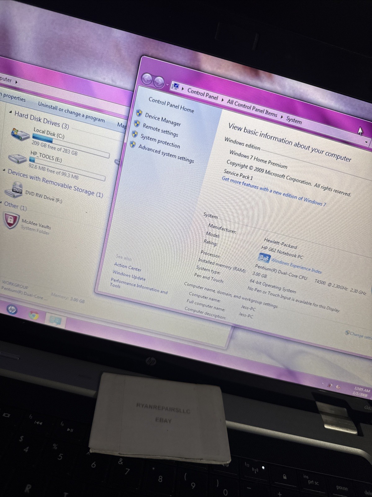 HP G62 T4500 Core 2 Duo 3GB RAM NO Battery