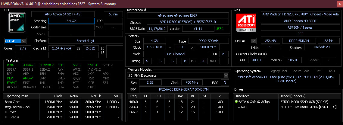 “Constitution” (eMachines E627) Athlon 64 X2 TK-42 4GB RAM 500GB SSHD Q4OS