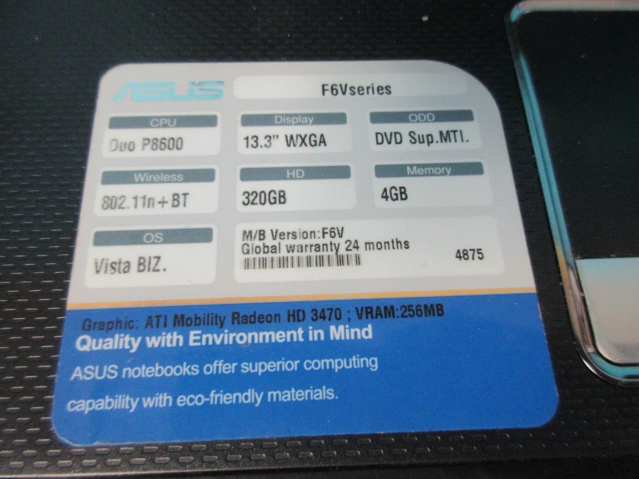ASUS F6V Laptop DUO P8600 13.3″ WXGA 320GB 4GB Memory