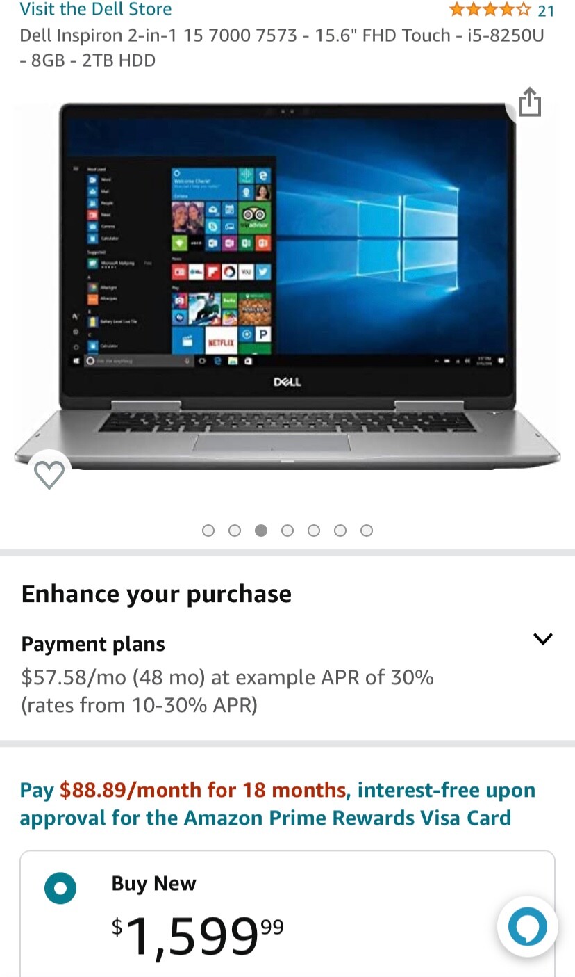 Dell Inspiron 7573 15.6 inch (256GB, Intel Core i7 8th Gen., 1.80GHZ, 2-in-1