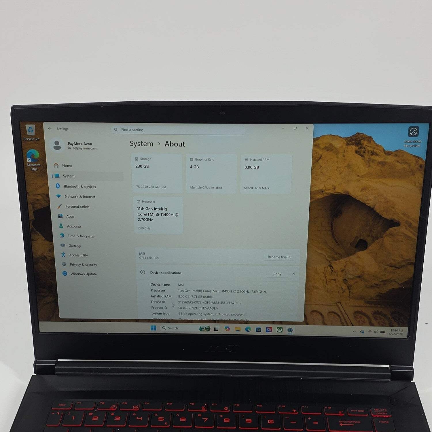 MSI Thin GF63 11SC 15.6″ i5-11400H 2.7GHz 8GB RAM 256GB SSD GeForce GTX 1650