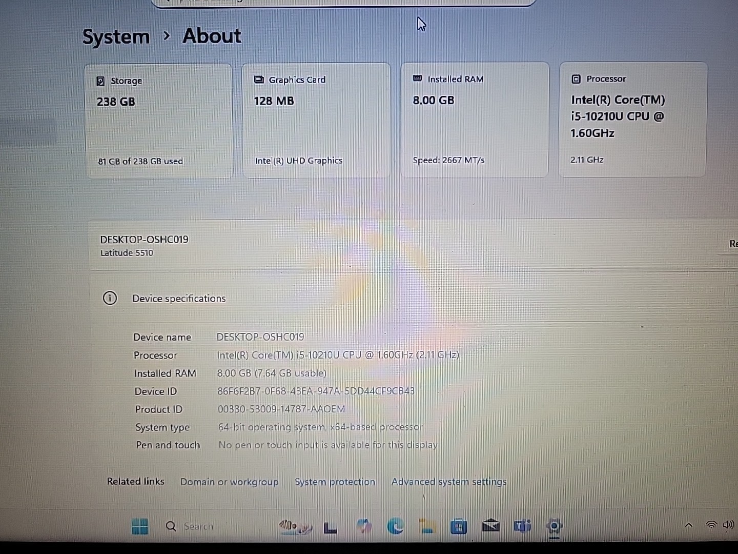 DELL Latitude 5510 i5-10210U 1.6GHz- 4.20Ghz Max . 8Gb RAM. 256Gb NVme Win11 Pro