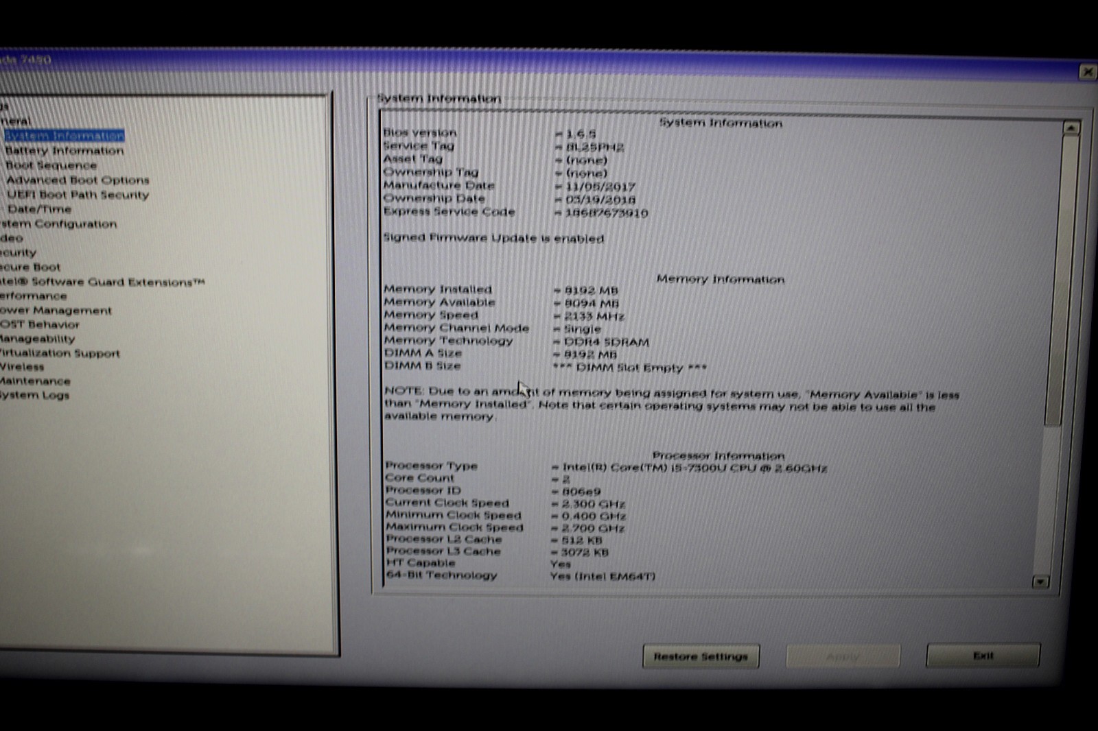 Dell Latitude 7480 i5-7300U @ 2.6 GHz 8GB RAM 256GB SSD No OS *READ