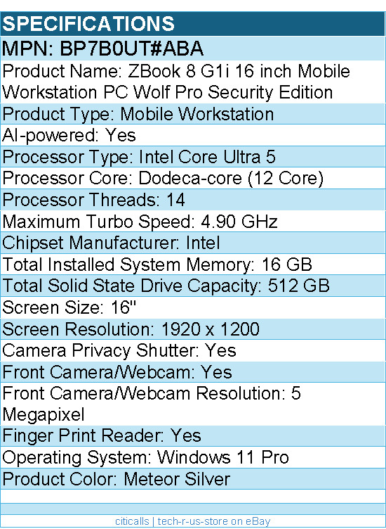 HP BP7B0UT#ABA ZBook 8 G1i 16″ Mobile Workstation – Intel Core Ultra 5 235U