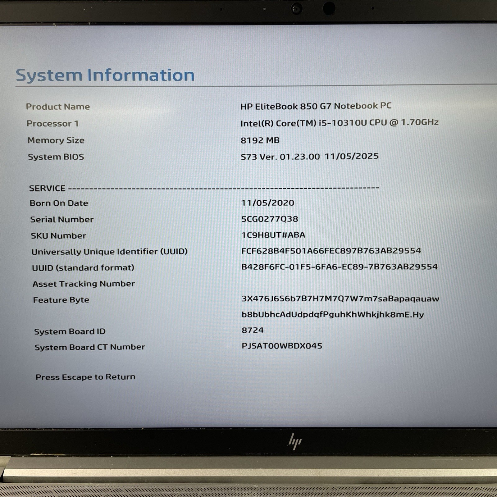 HP EliteBook 850 G7 15.6″ i5-10310U 1.70 GHz 8 GB RAM No SSD/OS/AC
