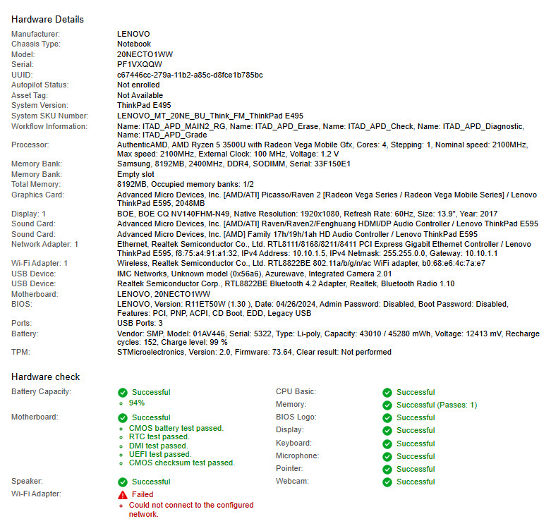 Lenovo ThinkPad E495, AMD Ryzen 5 3500U, 2.1GHz, 8GB RAM-No HDD/OS/Adapter
