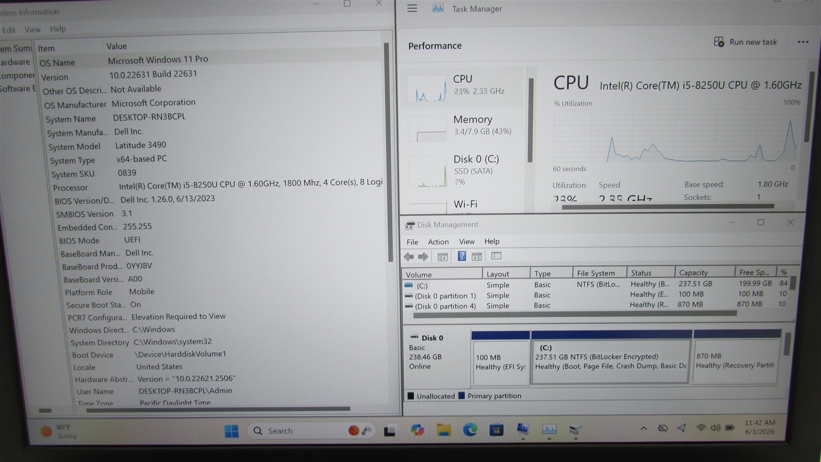 Dell Latitude 3490 i5-8250U 1.6GHz 8GB RAM 256GB m.2 14″ Windows 11 Pro COSM DMG