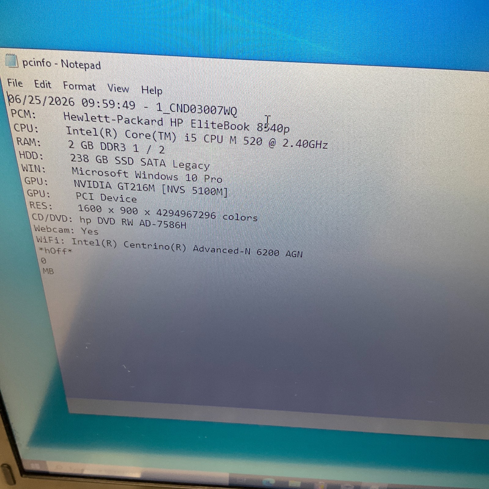 15.6″ HP ELITEBOOK 8540P | i5-M520 @ 2.40 GHz 2GB 256GB SSD Windows 10 Pro