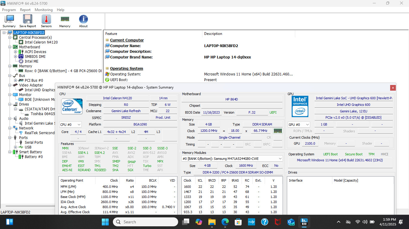 HP 14″ Laptop, Intel Celeron N4120, 4GB RAM, 64GB eMMC, Windows 11 Home
