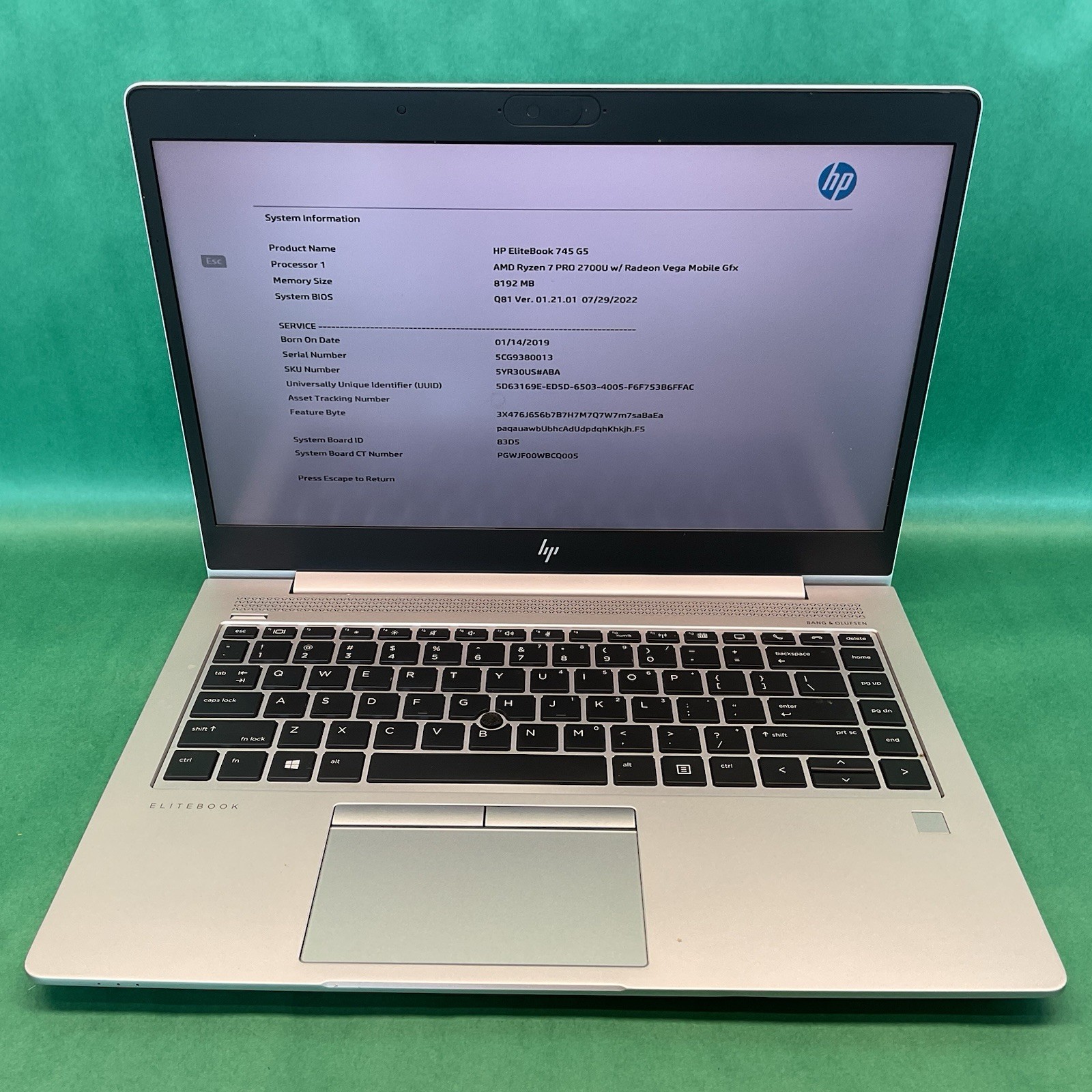 HP Elitebook 745 G5 AMD Ryzen 7 Pro 2700U – Powers On – NO HARD DRIVE- Untested