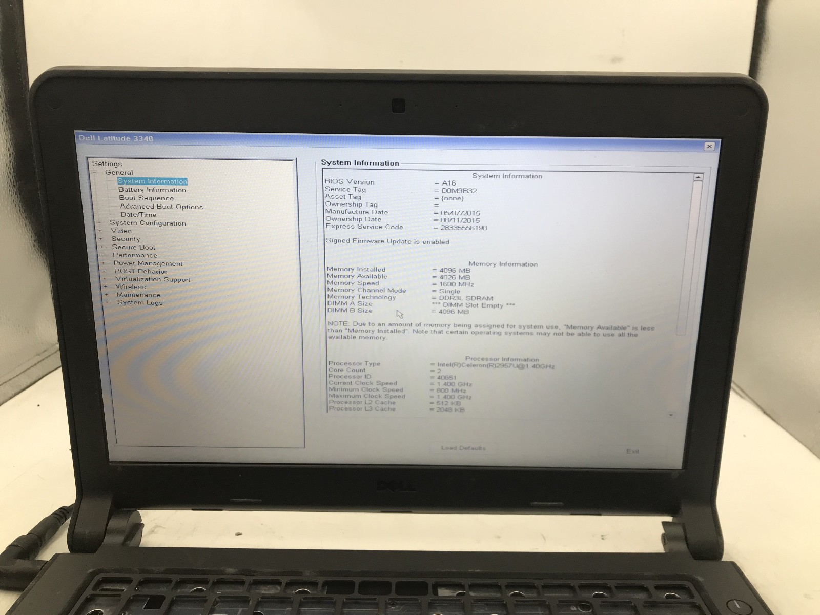 DELL LATITUDE 3340 -BOOTS TO BIOS- INTEL CELERON 2957U – NO RAM – READ DESC – BB