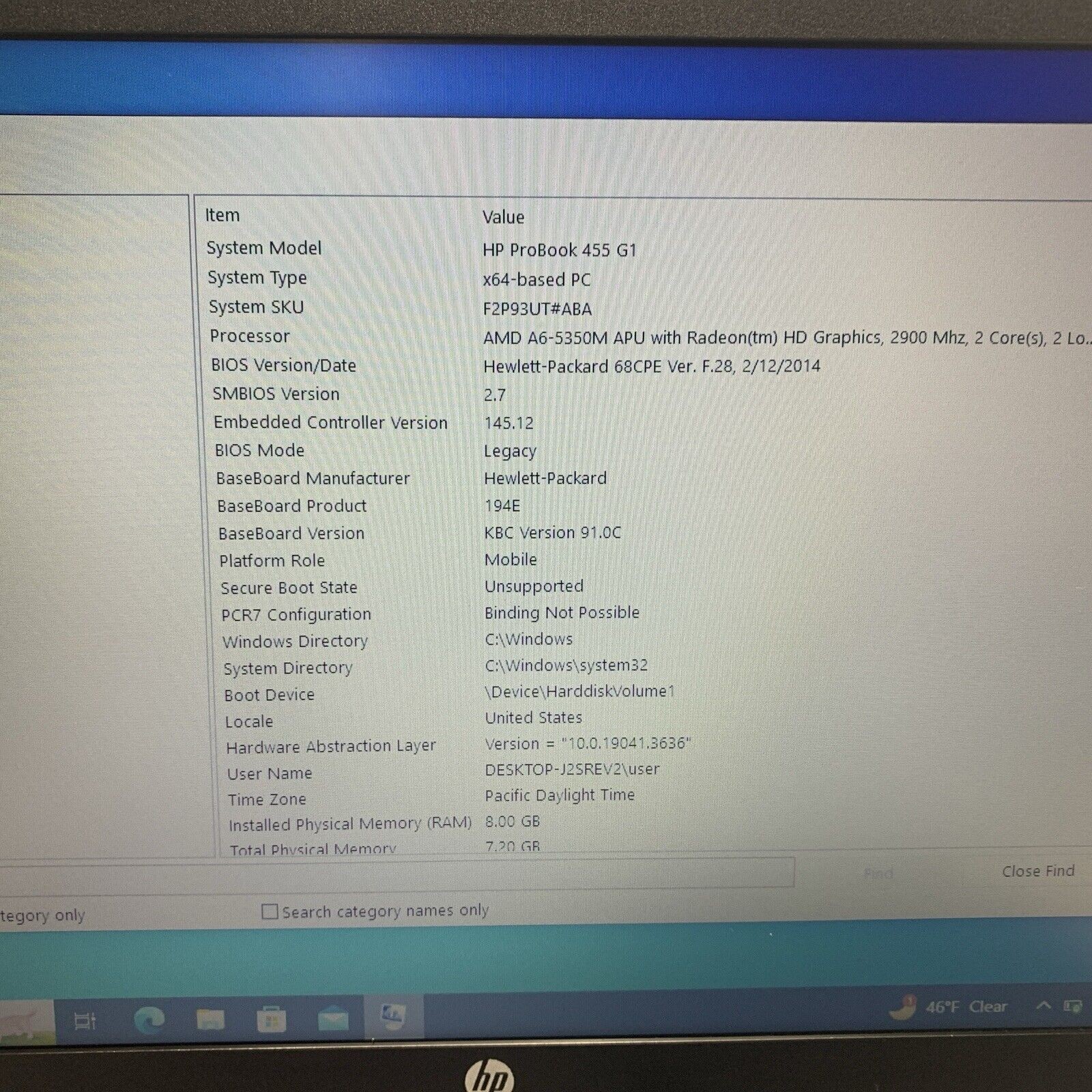 HP PROBOOK 455 G1 AMD RADEON A6-5350M 8GB RAM 500gb HD WIN 10
