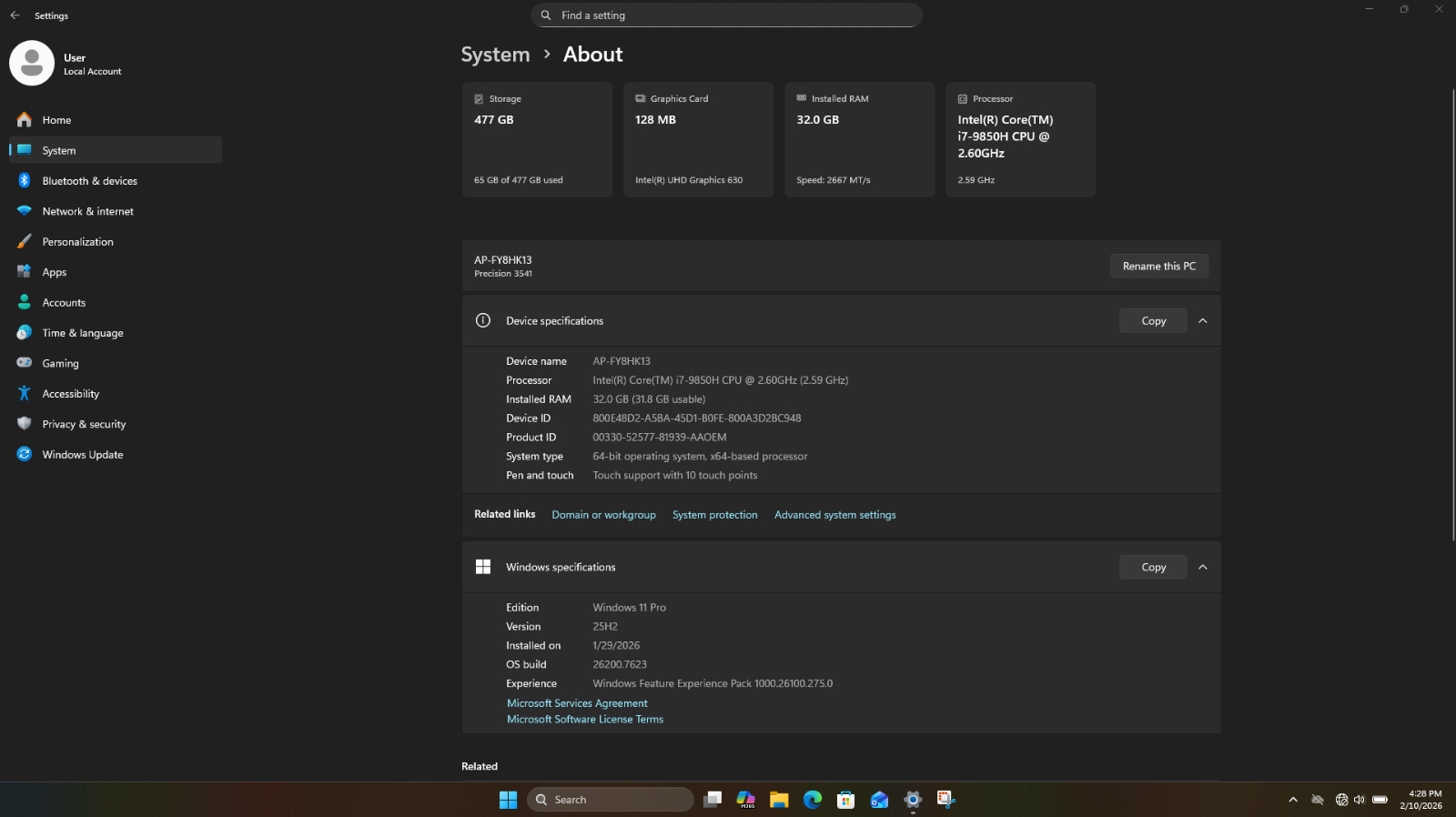 Dell Precision 3541 Mobile Workstation Intel(R) Core(TM)i7-9850H CPU @2.6 GHz