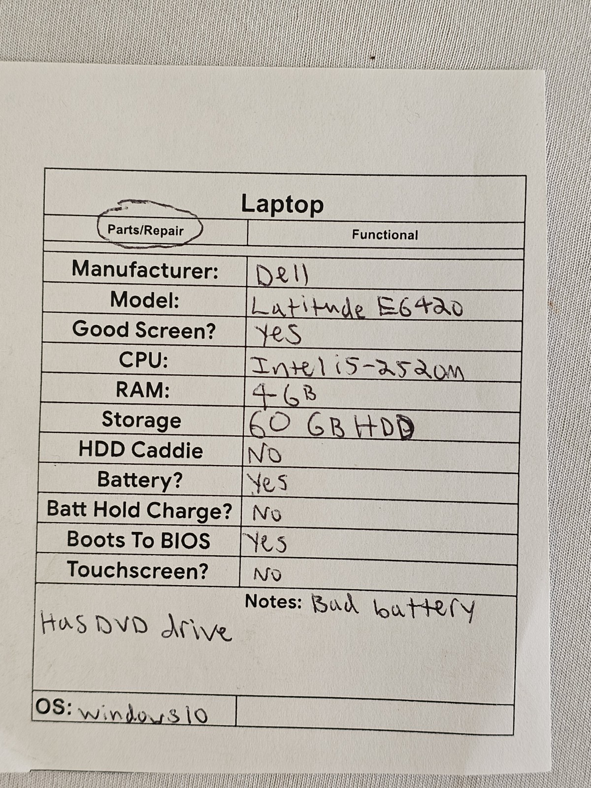 Dell Latitude E6420 Laptop – Intel i5-2520M – i5-2520M – 4GB RAM BAD BATT Win 10