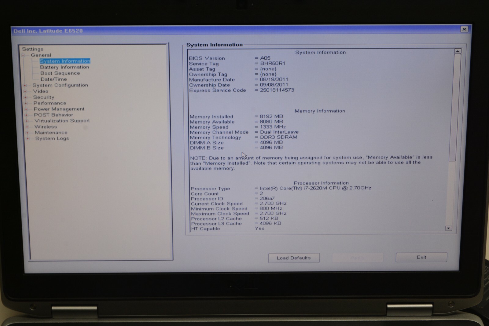 Dell Latitude E6520 Intel Core i7-2620M 2.70GHZ 8GB Ram No HD #L204