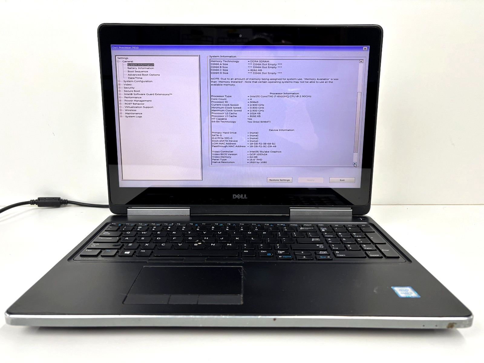 Dell Precision 7510 15.6″ Touchscreen I7-6920HQ 8GB NO SSD NO BATTERY PARTS