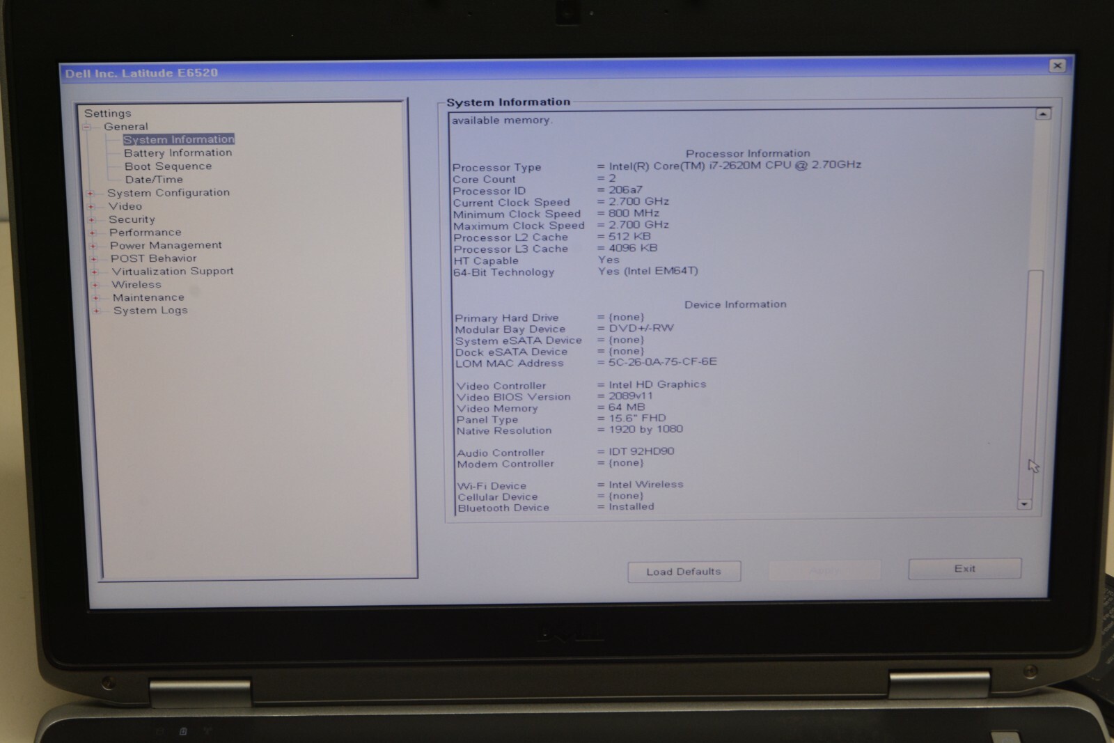 Dell Latitude E6520 Intel Core i7-2620M 2.70GHZ 8GB Ram No HD #L204