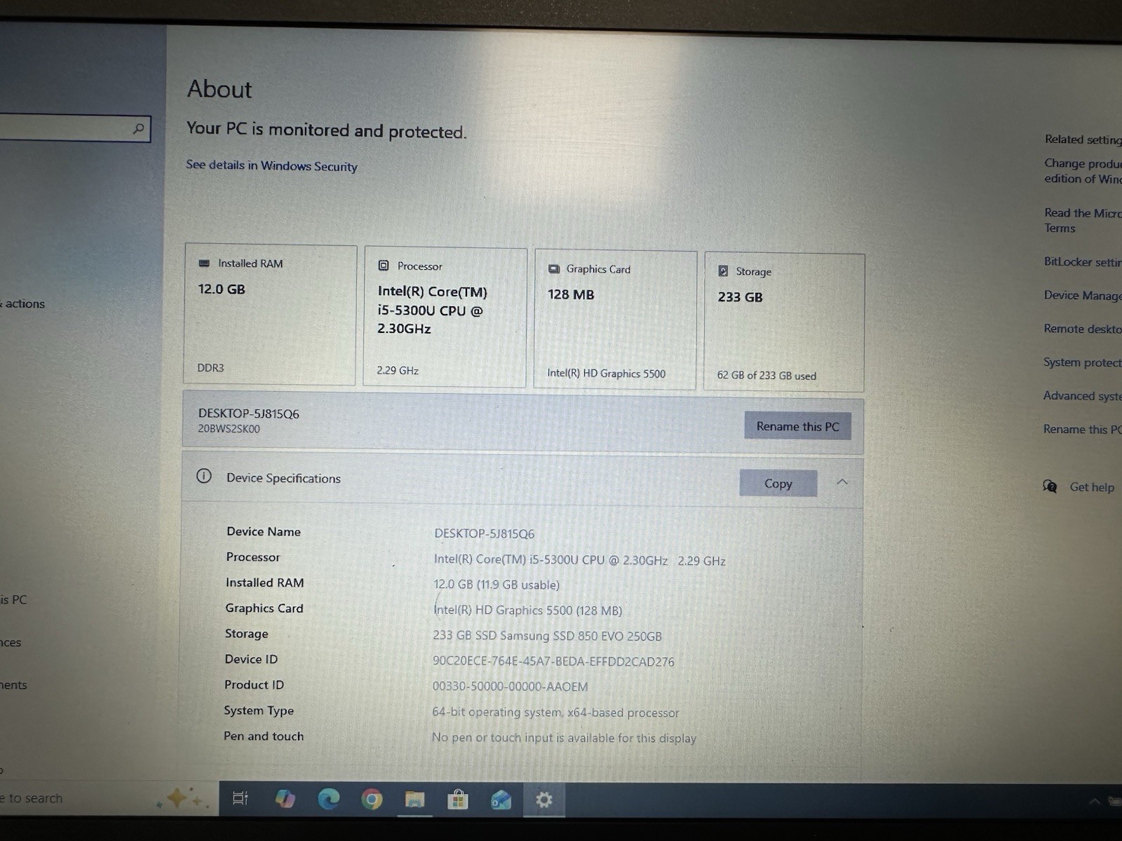 Lenovo T450S 14” I5-5300U@2.30GHz 12GB RAM 250GB SSD Windows 10 Pro, 2 Batteries