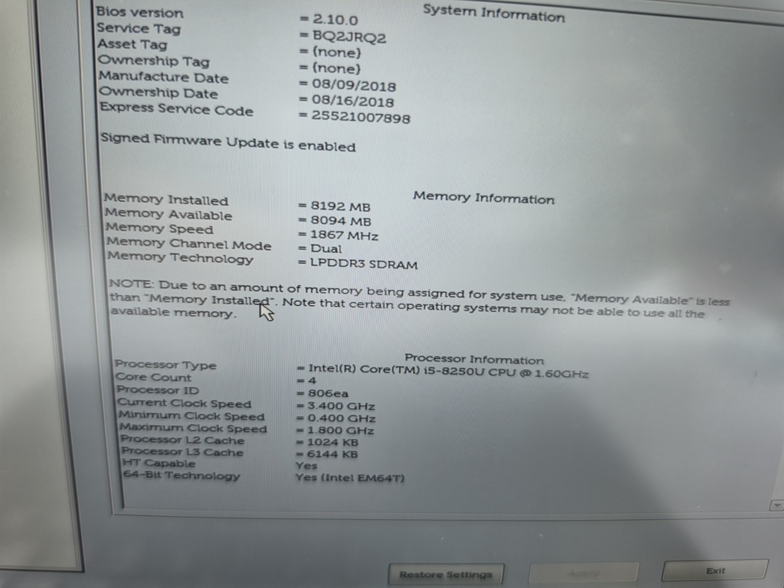 Dell XPS 13 9360, Intel Core i5-8250U @ 1.6GHz, 8GB RAM, NO SSD Laptop