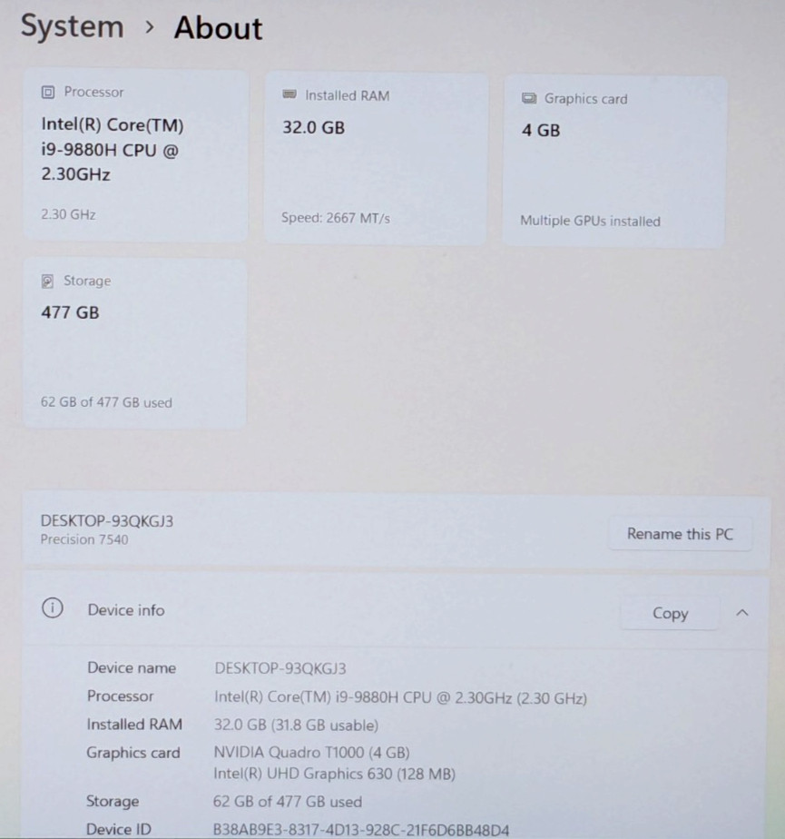 Dell Precision 7540 15.6″ i9-9880H 2.30GHz 32GB 512GB SSD W11P T1000 6X4L453