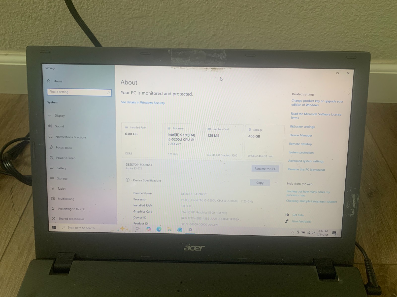 Acer Aspire E5-573-57PW 15.6″ Intel Core i5-5200U 2.20GHz 6GB RAM 500GB HDD
