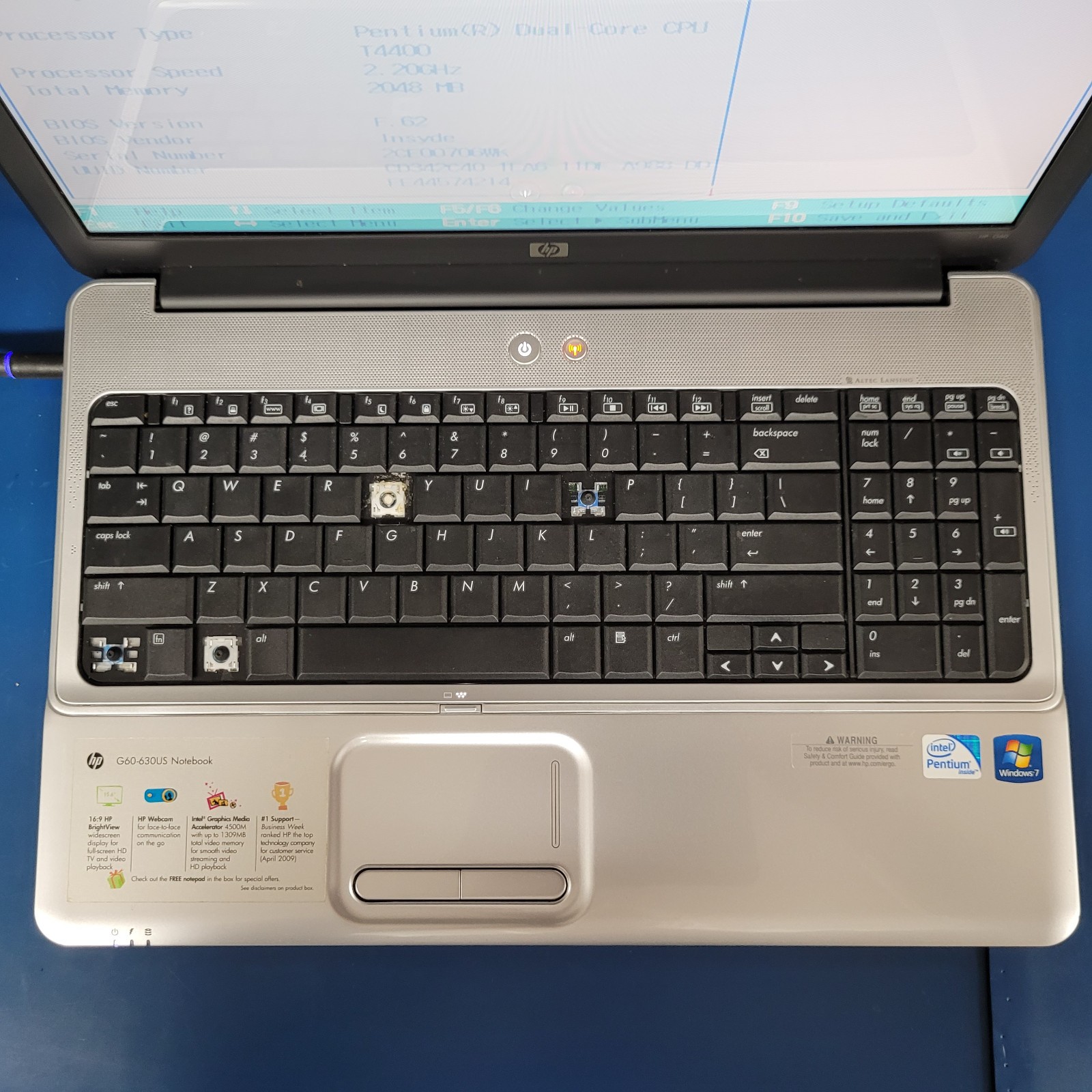 HP Pavilion G60-630GS /Pentium T4400 / 2 GB RAM / NO HDD