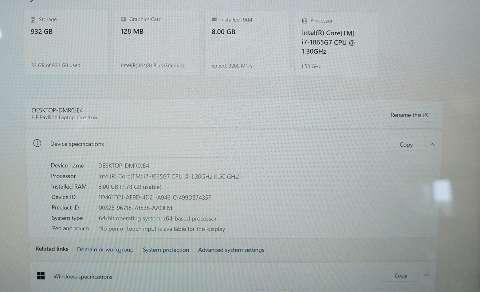 HP Pavilion 15-cs3xxx Laptop Intel i7-1065G7 8GB RAM 932GB HDD Windows PC