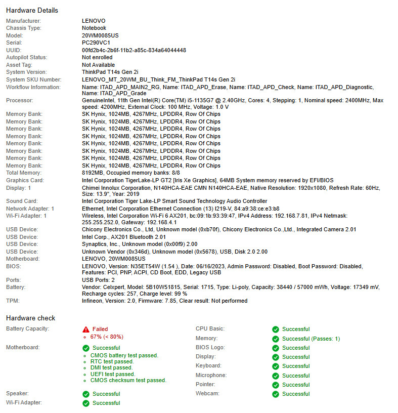 Lenovo ThinkPad T14s Gen 2i, i5-1135G7, @ 2.40GHz, 8GB RAM-No HDD/OS/Charger