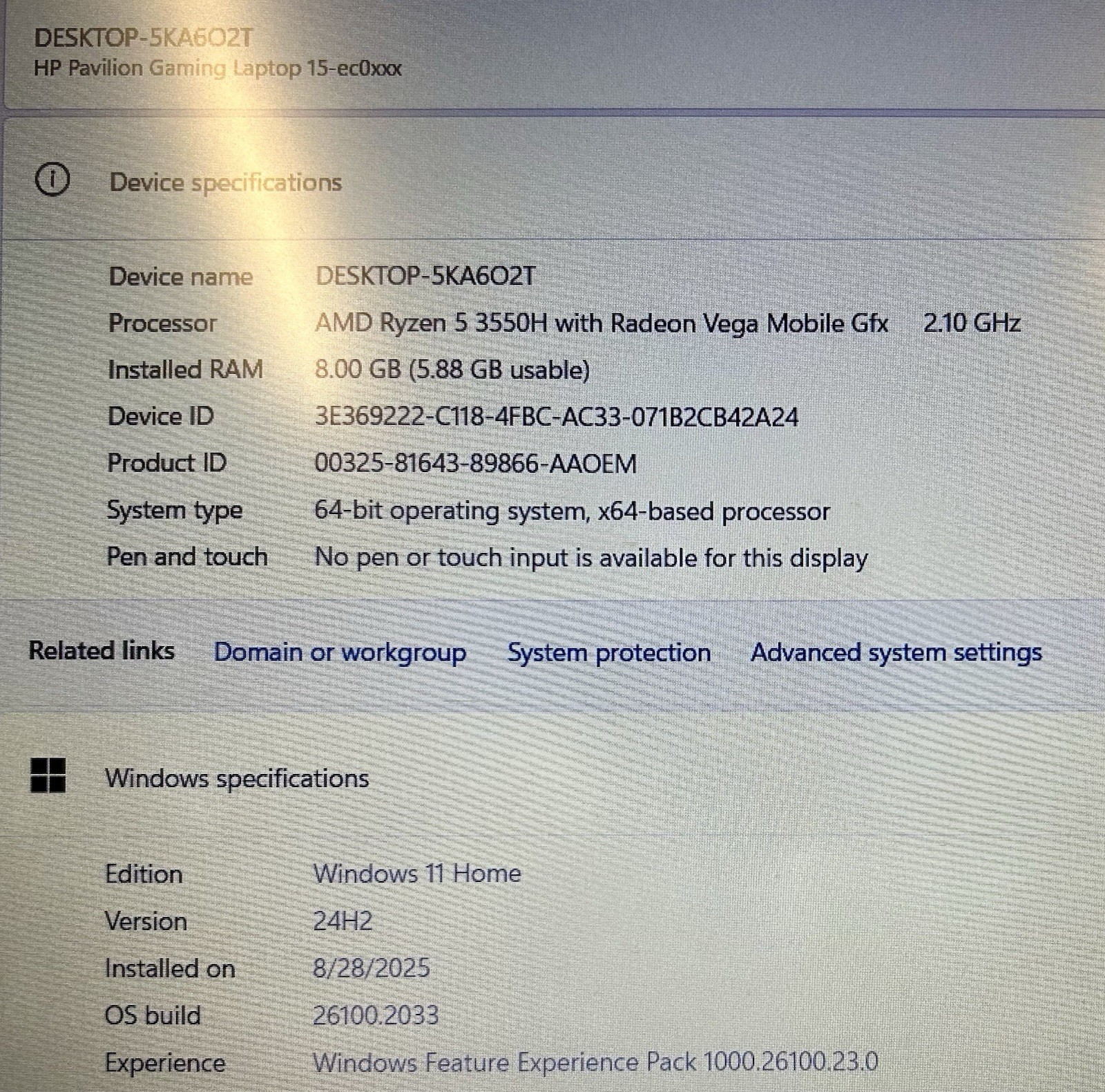 HP Pavilion Gaming Laptop 15 ec0xxx AMD Ryzen 3550H Radeon Vega 128GB (read)