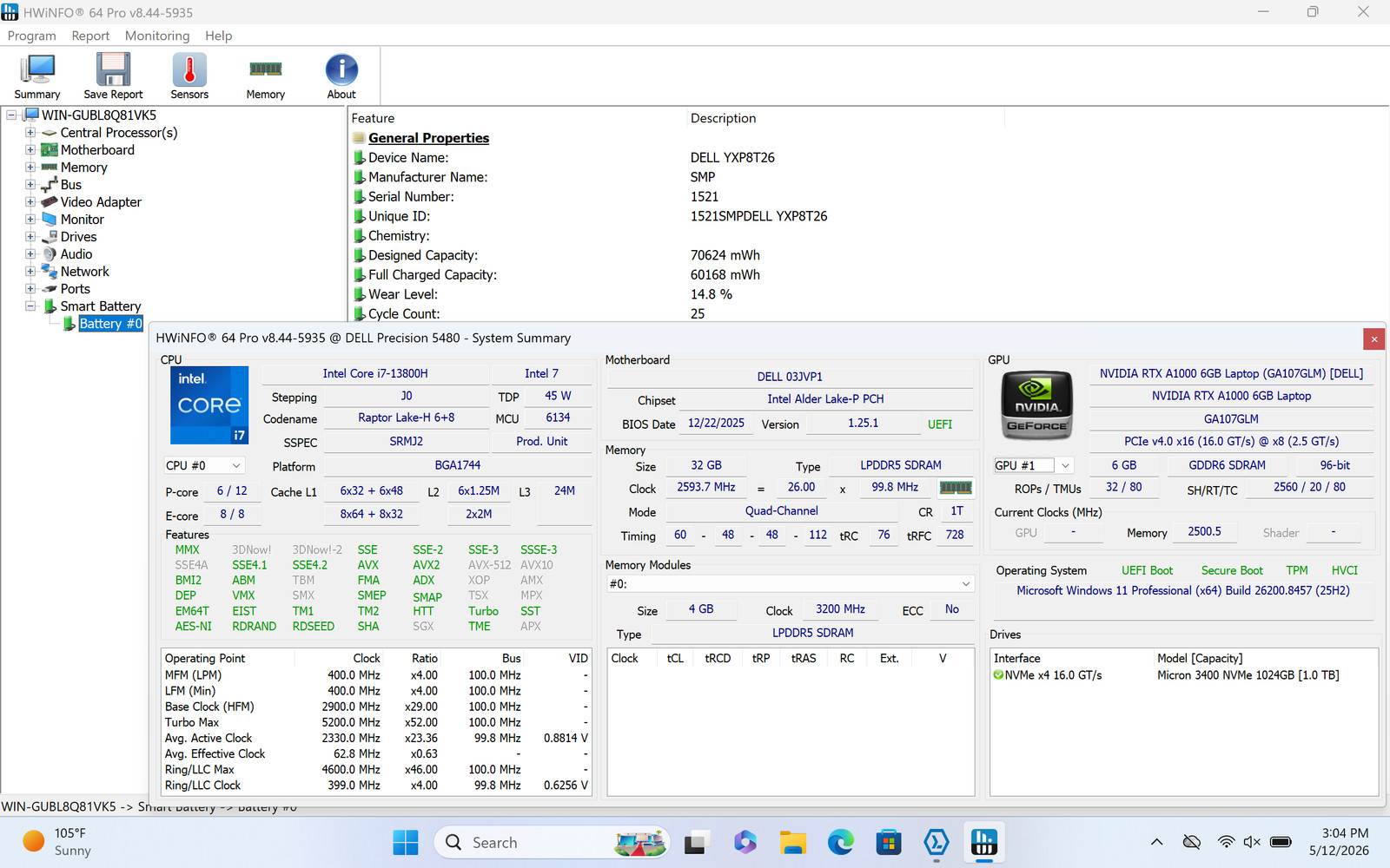 Dell Precision 5480 14″ 2560 x 1600 Touch I7-13800H 1TB 32GB W11P RTX A1000