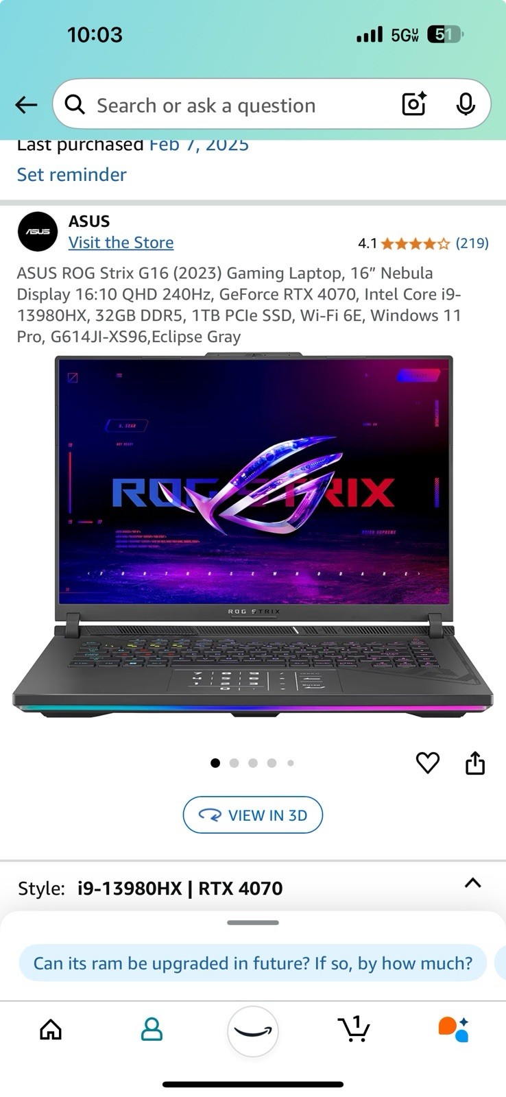 ASUS ROG Strix G16 16” (1TB SSD Intel Core i9-13980HX 2.2GHz 32GB RAM)
