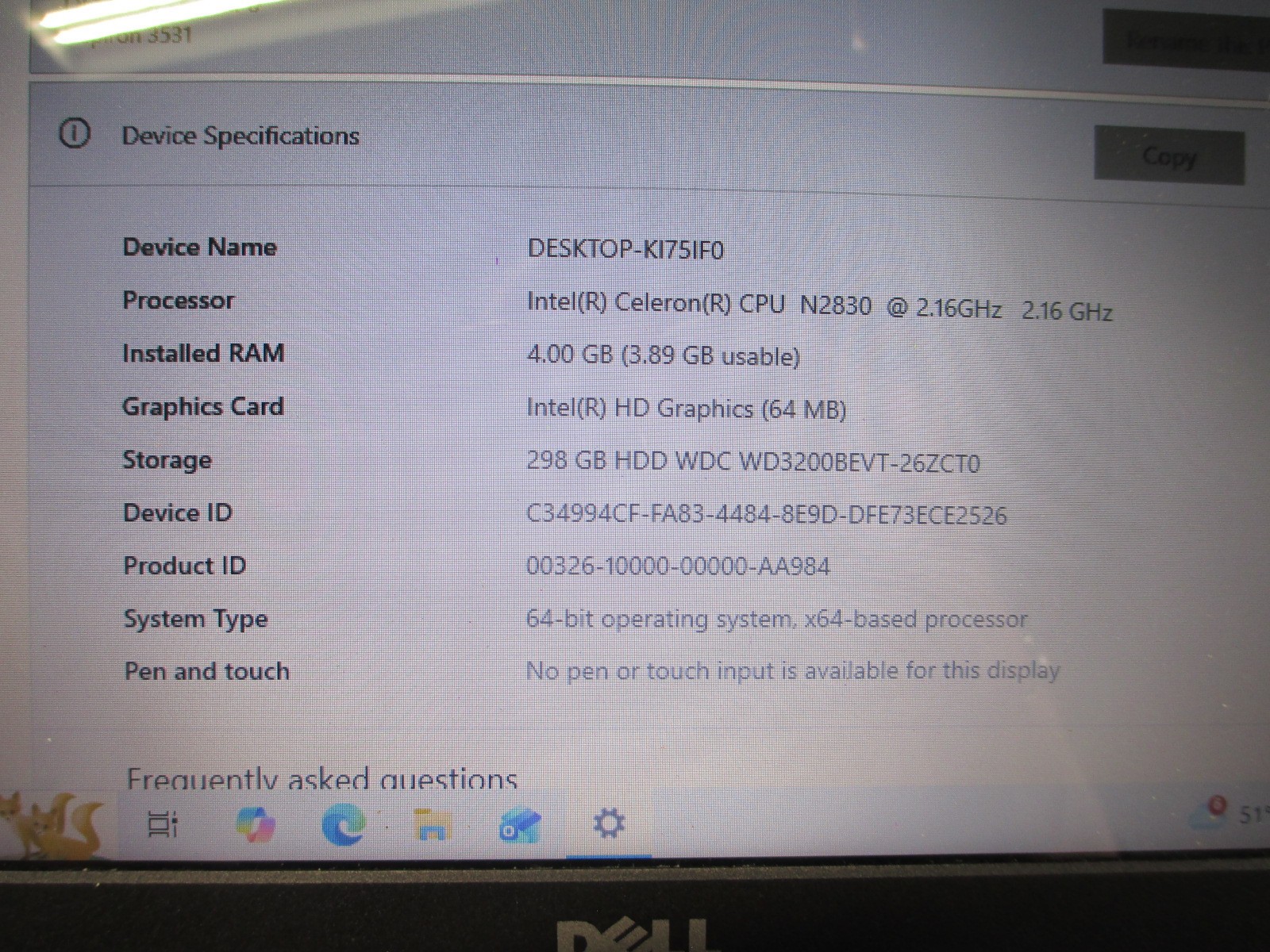 No Battery! Dell Inspiron 15 3531 Intel Celeron N2830 2.16GHz 350GB HDD 4GB RAM