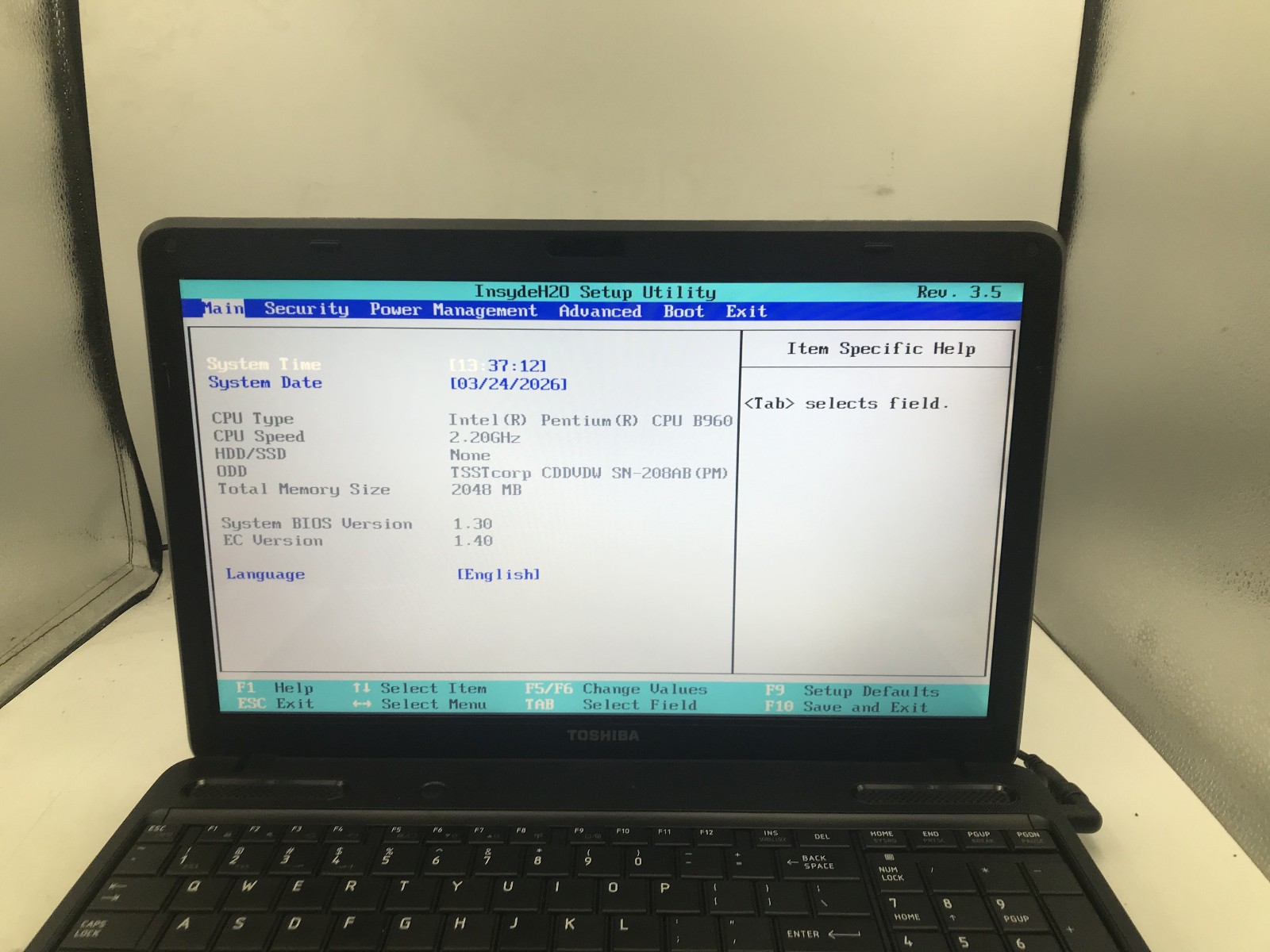 TOSHIBA SATELLITE C655 S5504 – BOOTS TO BIOS – INTEL PENTIUM B960 – 2GB RAM – BB