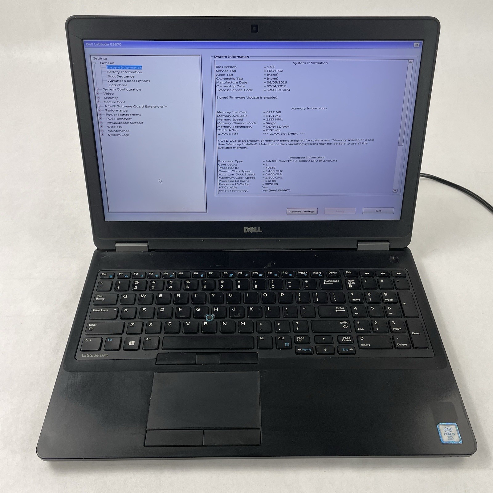 Dell Latitude E5570 15.6″ i3-6300U 2.40 GHz 8 GB RAM No SSD No OS No Battery