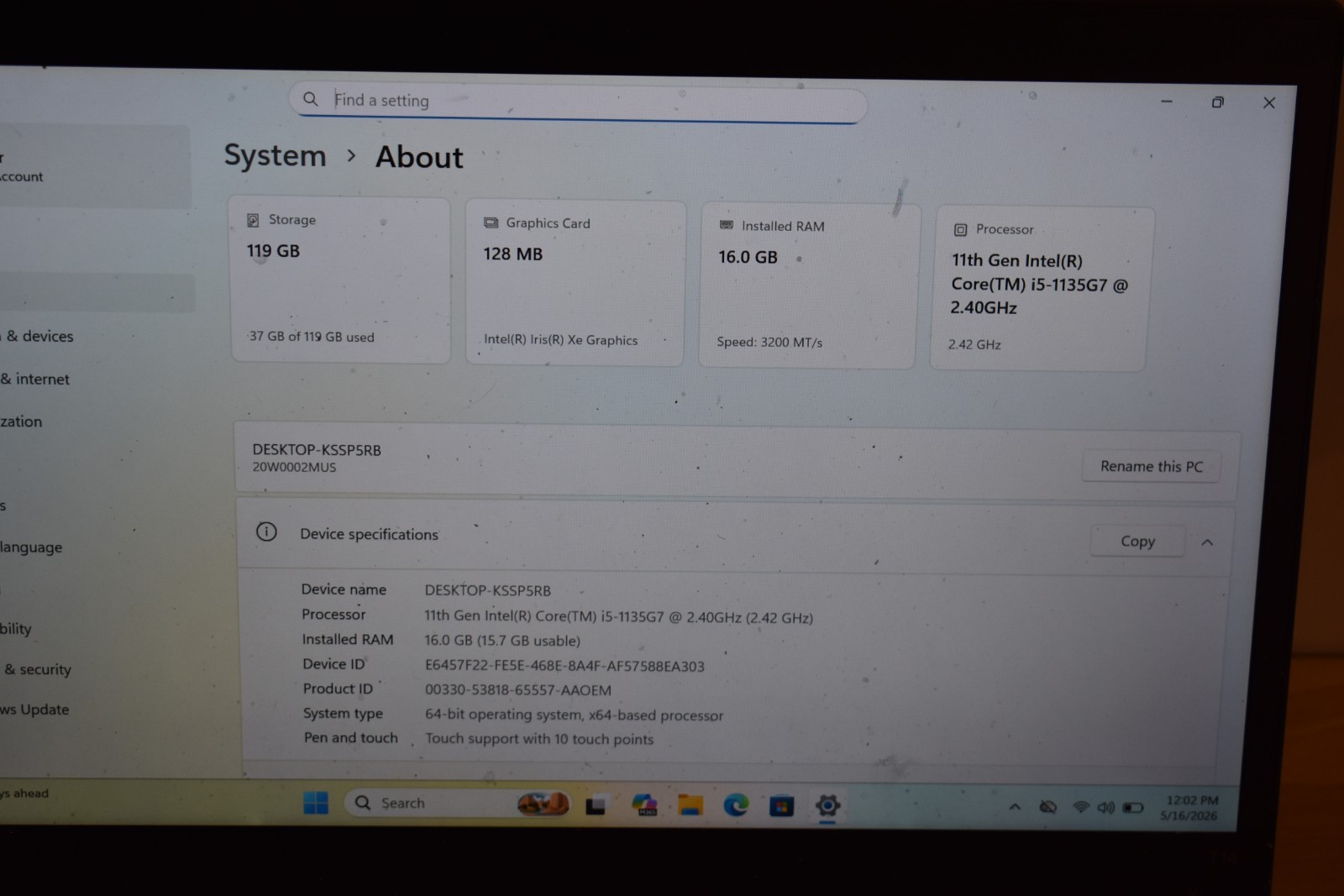 Lenovo T14s Gen 2i Laptop 14″ FHD Intel i5-1135G7 16GB RAM Win 11 Touchscreen