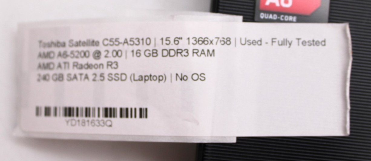 Toshiba Satelite AMD A6-5200@2.0GHz 16GB DDR3 RAM 240GB SATA NO OS *USED/TESTED*
