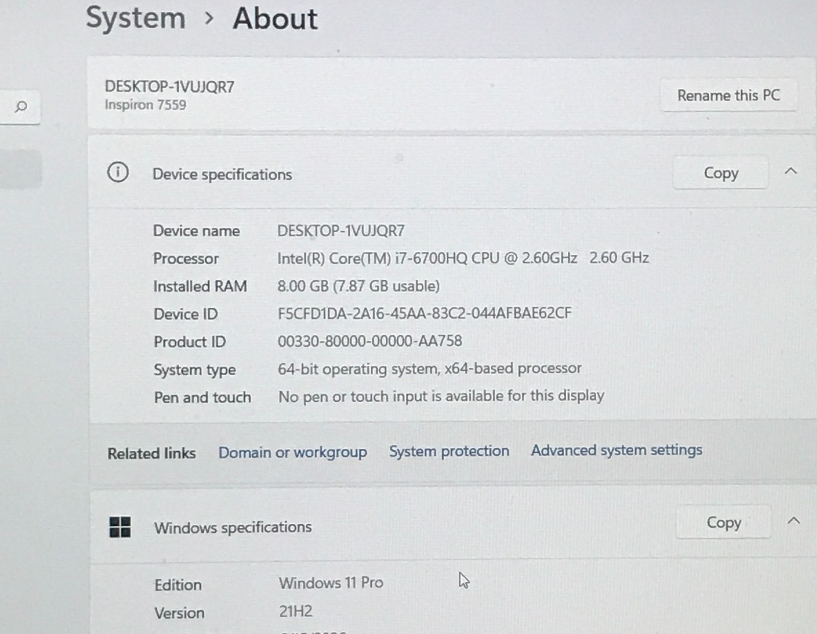 Dell Inspiron 15-7559 15.6″ i7-6700HQ@2.60GHz 8GB RAM 256GB SSD GTX 960M W11P