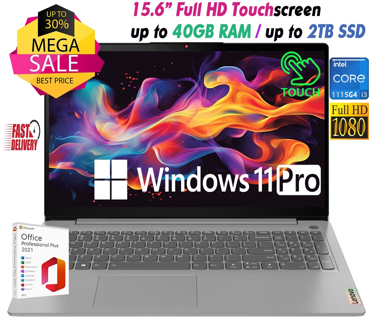 Lenovo Laptop 15.6″ Touch Intel i3-1115G4 Upto 40GB RAM&2TB SSD Win11 PRO+OFFICE