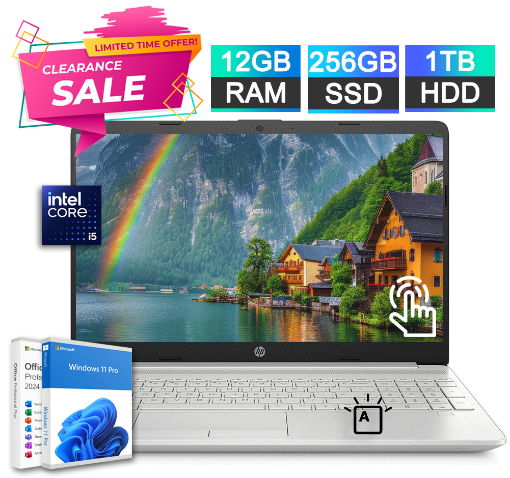 HP Laptop Computer 15.6 Touch Intel i5 12GB RAM 256GB SSD 1TB HDD Office Backlit
