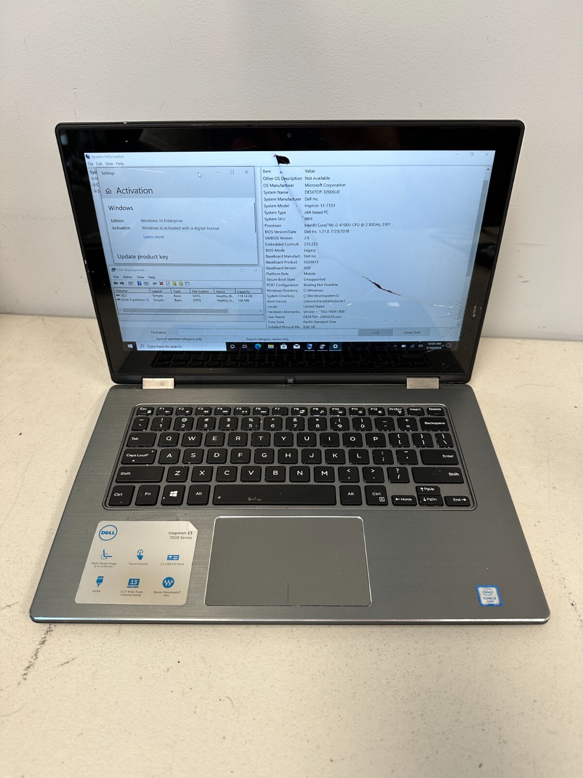 Dell Inspiron 13-7353 i3 6100 8GB RAM 128GB SSD BROKEN SCREEN NO AC #04
