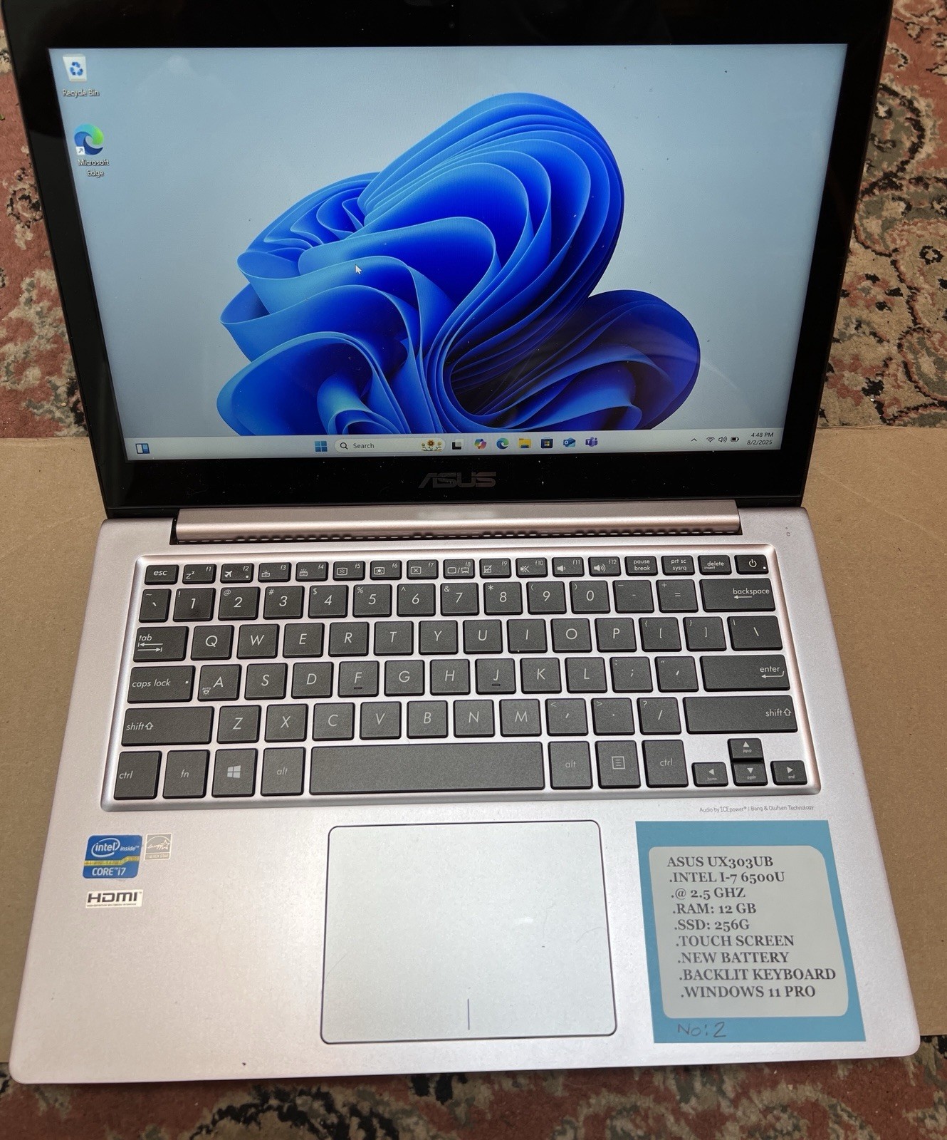 Asus Zenbook UX303UB, I7,12G Ram SSD250 G Nvidia Touch Screen Win 11 Pro No:2