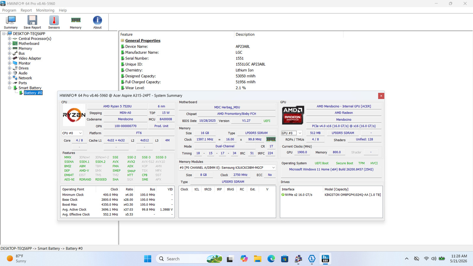 Acer Aspire A315-24PT 15″ FHD Touch RYZEN 5 7520U 1TB SSD 16GB W11 Webcam