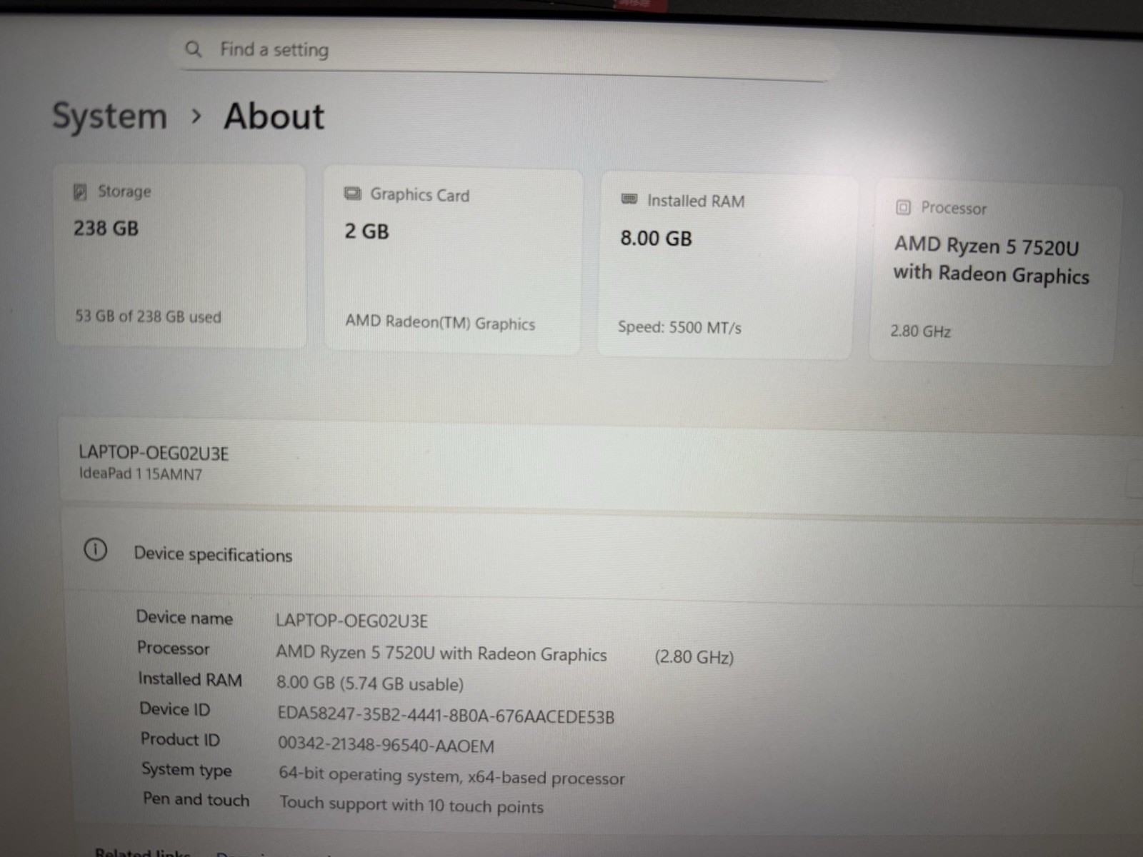 Lenovo IdeaPad 1 15AMN7 Laptop AMD Ryzen 5 7520U, 2.80GHz, 256GB, 8GB RAM