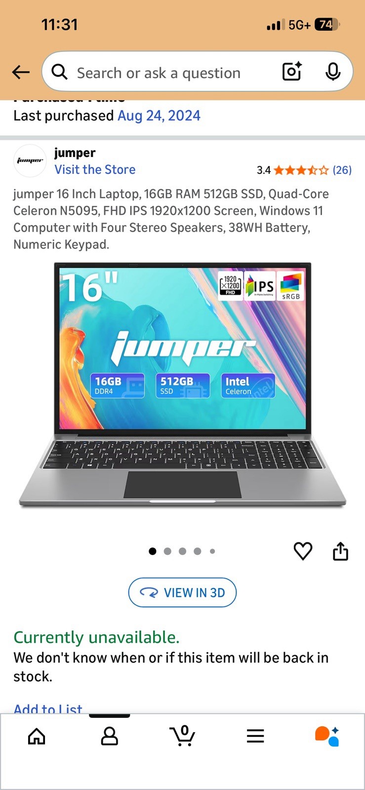 Jumper 16″ Laptop Intel Celeron 16GB RAM 512GB SSD Win 11 Silver – NO CHARGER