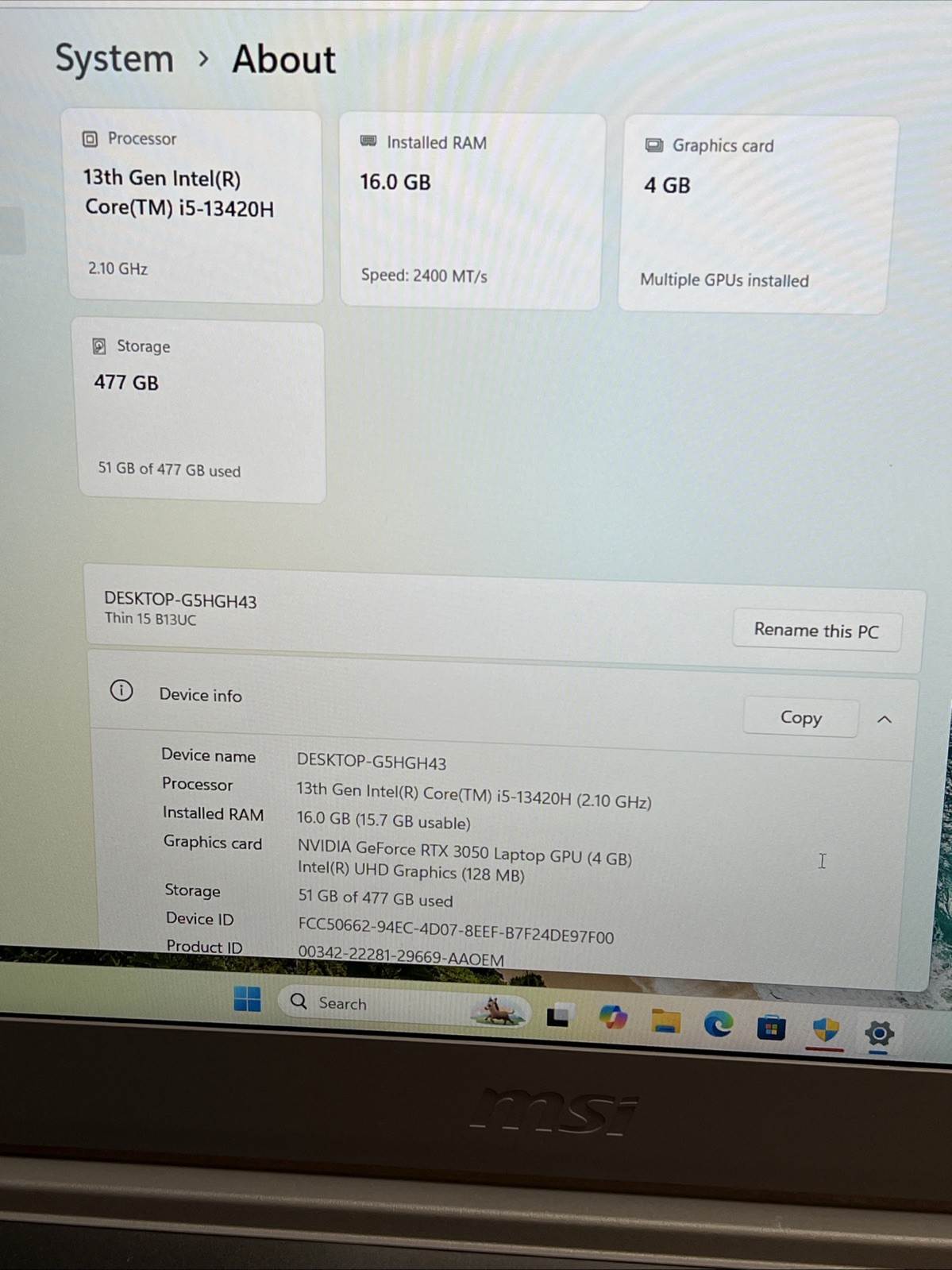 MSI Thin 15 B13UC-1000US Core i5-13420H 2.1GHz RTX 3050 16GB RAM 512GB SSD 15.6″