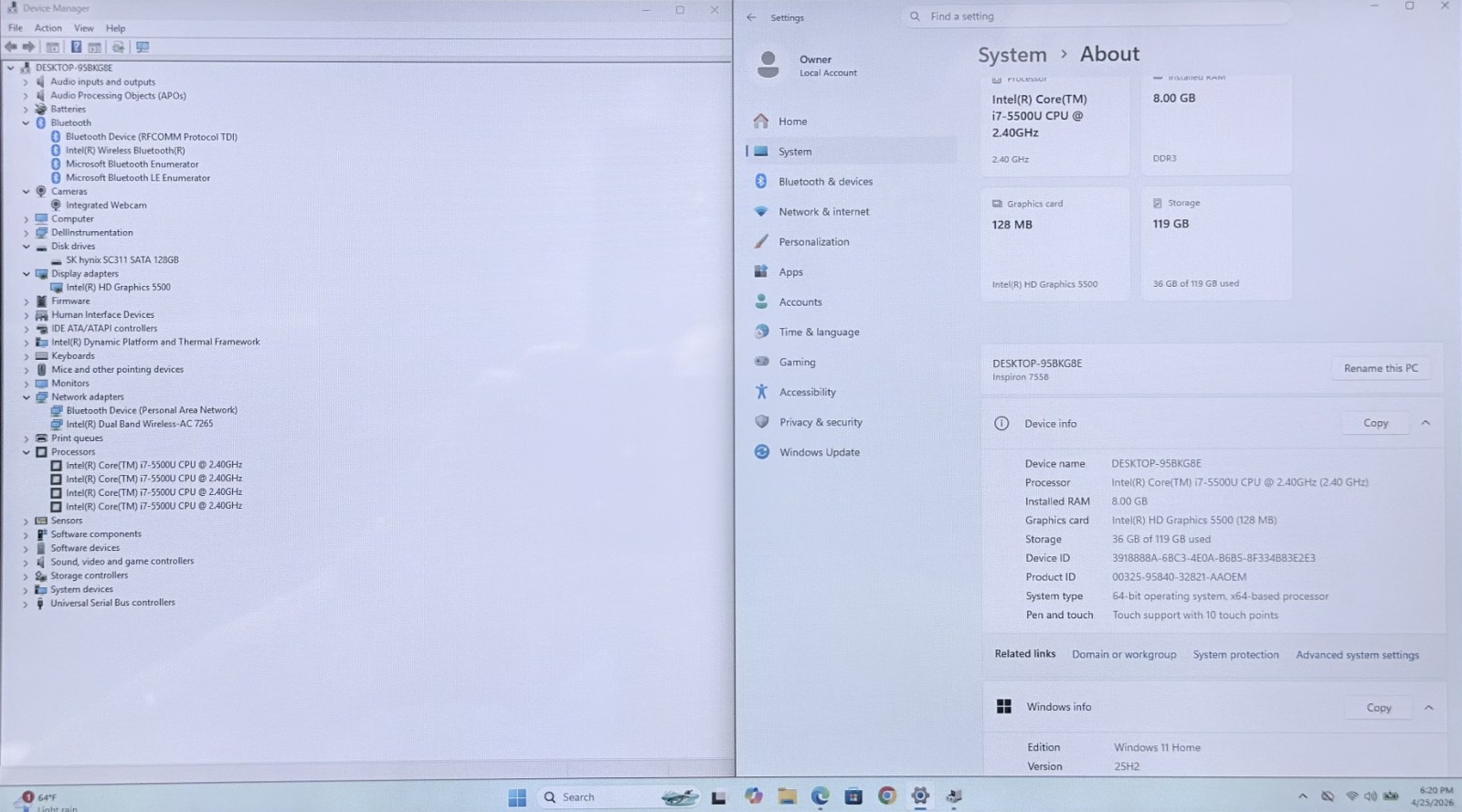 Dell Inspiron 7558 15.6″ Touch FHD i7 5500U 2.40GHz 8Gb Ram 128 GB SSD Win11 H